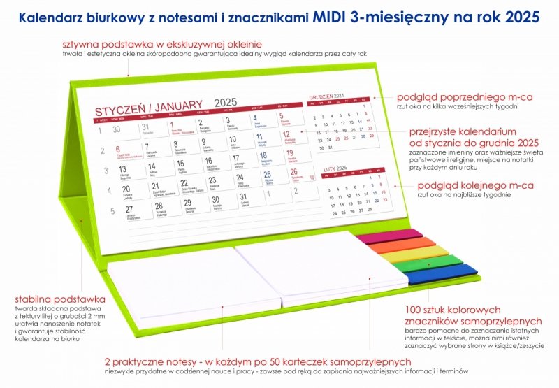 kalendarz biurkowy MIDI 3-miesięczny 2025 na twardej podstawce 