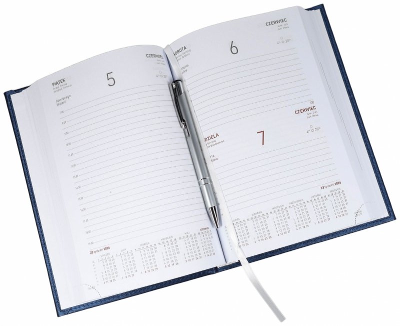Kalendarz książkowy 2026 A5 dzienny papier biały drukowane registry oprawa VIVELLA EXCLUSIVE granatowa