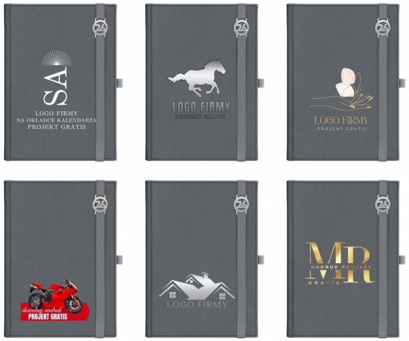 Kalendarz książkowy 2026 B5 dzienny papier chamois wycinane registry oprawa z zamykaniem na gumkę i mocowaniem na długopis ROSSA VIU szara Z NADRUKIEM LOGO