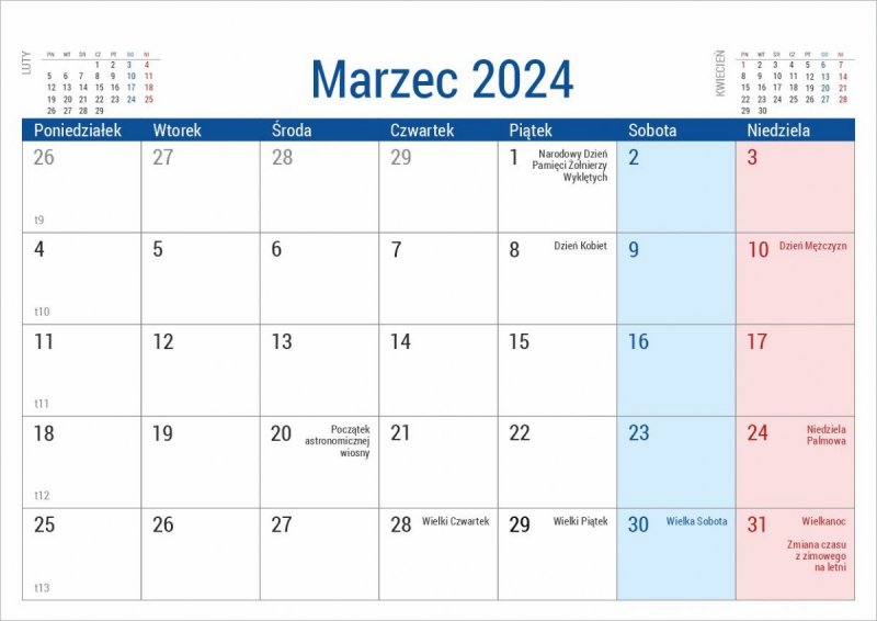 Kalendarz biurkowy do planowania - marzec 2024