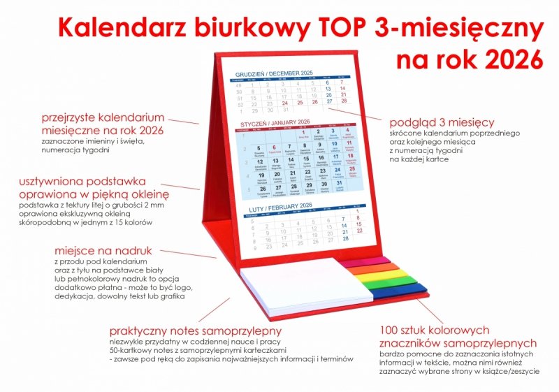 Kalendarz biurkowy z notesem i znacznikami TOP 3-miesięczny 2026 czerwony