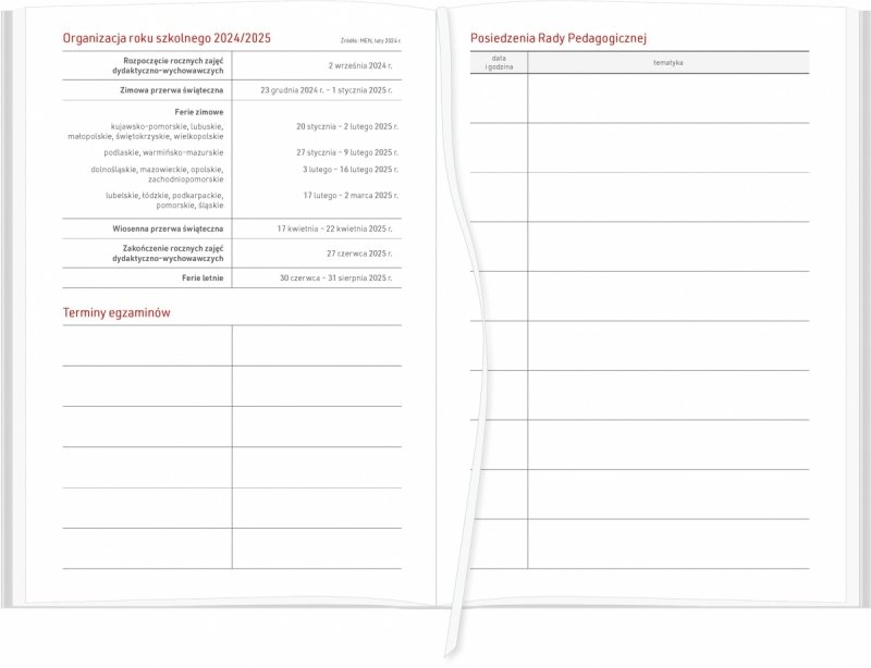 kalendarz książkowy z tabelami dla nauczycieli i wychowawców
