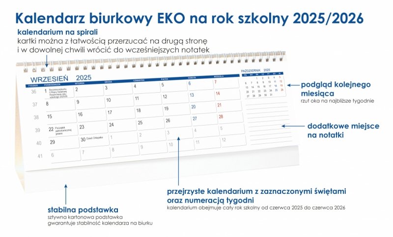 opis kalendarza biurkowego miesięcznego na rok szkolny 2025/26