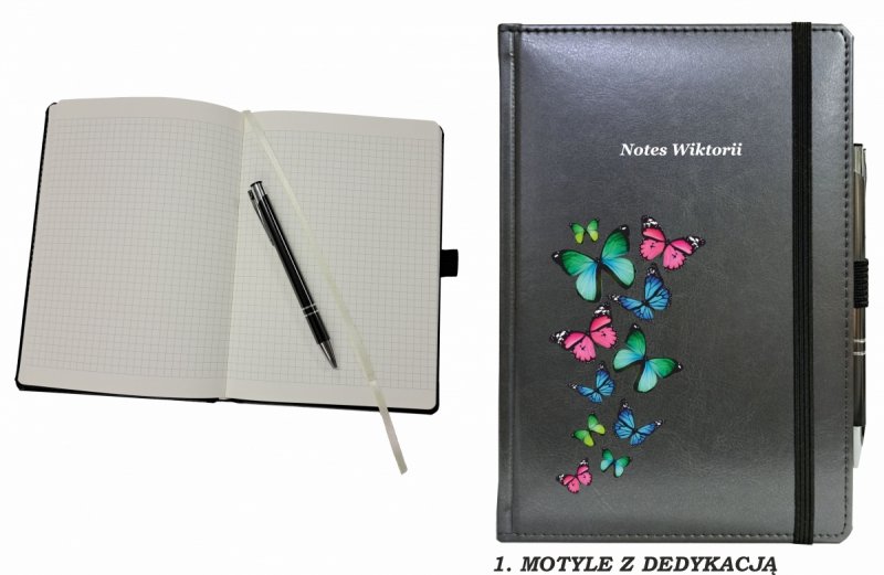 notes zamykany na gumkę z długopisem z grafiką na okładce