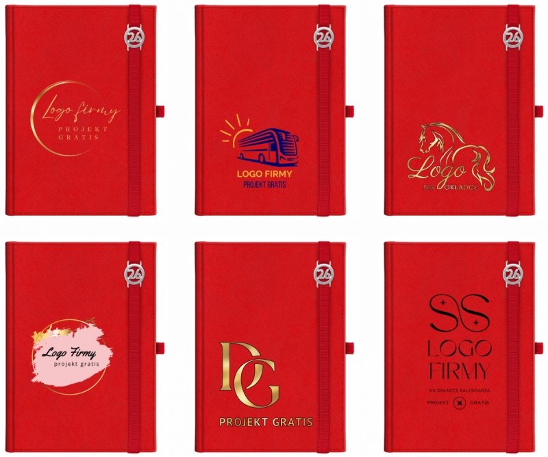 Kalendarz książkowy 2026 A5 dzienny papier chamois wycinane registry oprawa z zamykaniem na gumkę i mocowaniem na długopis ROSSA VIU czerwona Z NADRUKIEM LOGO