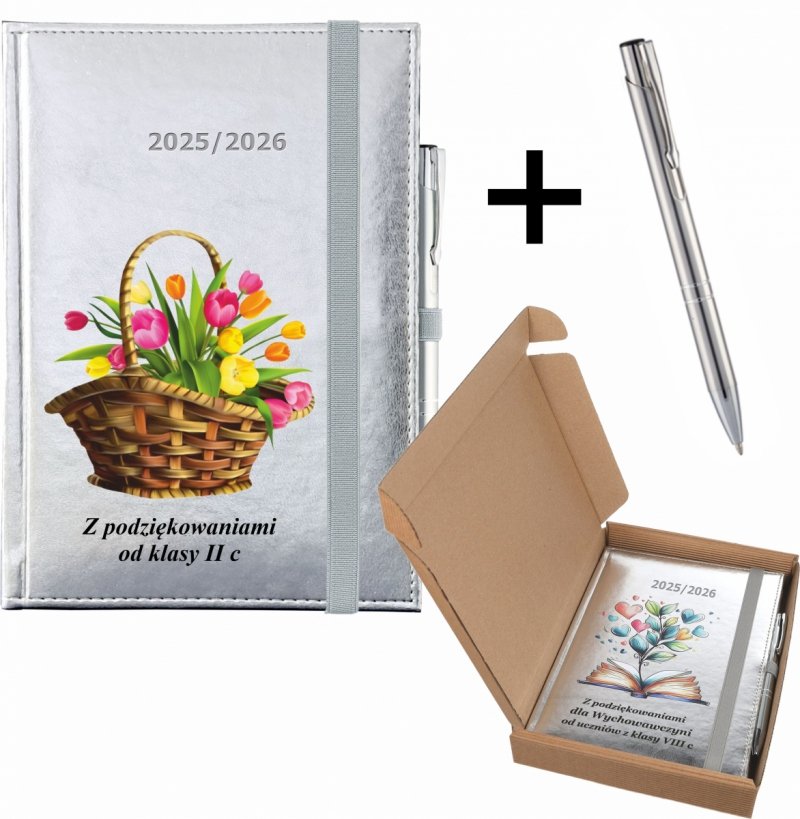 kalendarz nauczyciela z dedykacją, długopisem i ozdobnym pudełkiem na rok szkolny 2025/2026