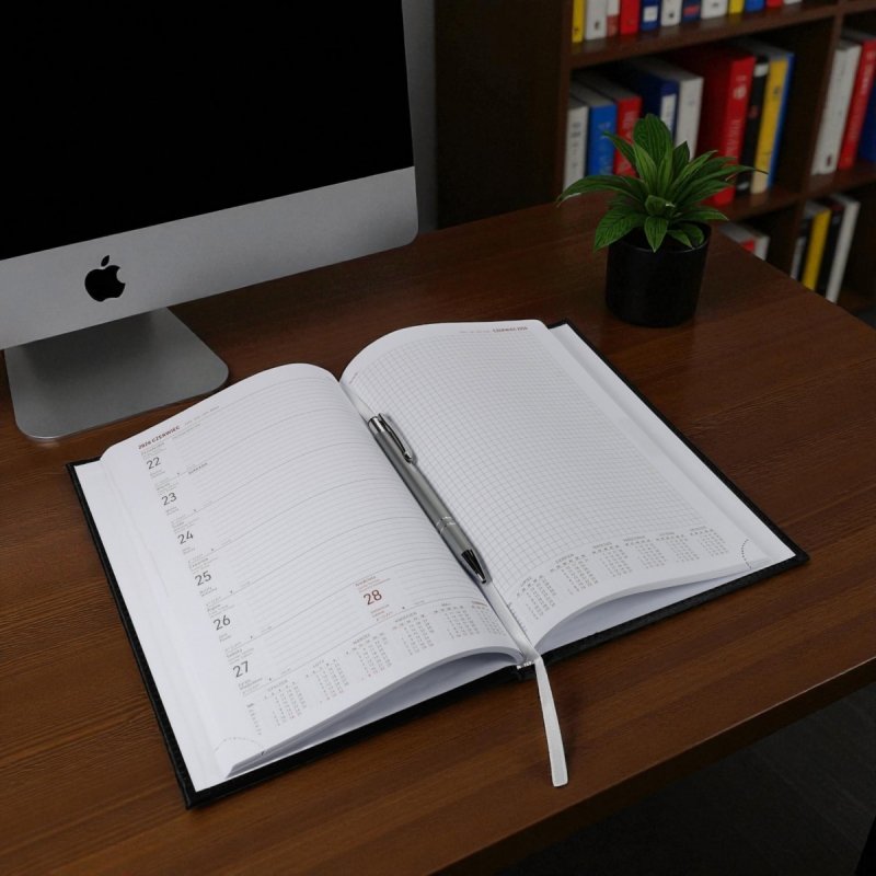 Kalendarz książkowy 2026 B5 TYGODNIOWY Z NOTESEM papier biały drukowane registry oprawa ALUMINIUM szara