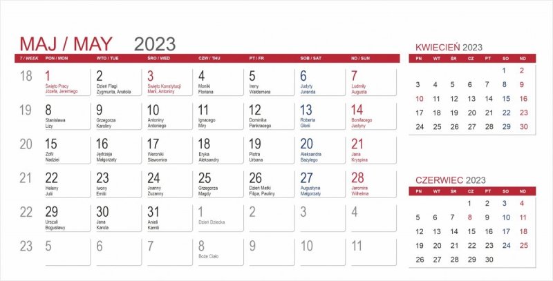 Kalendarium 3-miesięczne do kalendarza biurkowego na rok 2023 - maj 2023