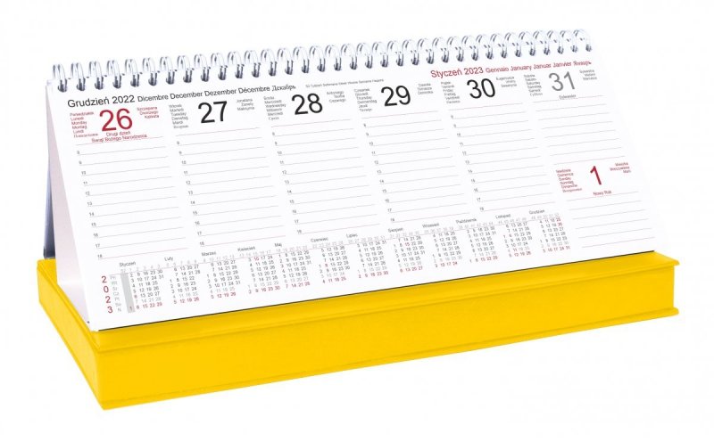 Kalendarz biurkowy TYGODNIOWY Z PIÓRNIKIEM 2023 żółty