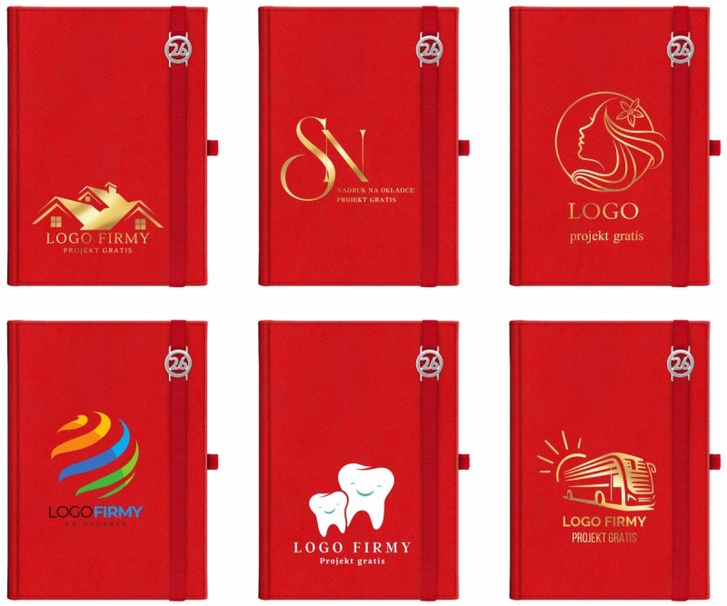 Kalendarz książkowy 2026 A5 dzienny papier chamois wycinane registry oprawa z zamykaniem na gumkę i mocowaniem na długopis ROSSA VIU czerwona Z NADRUKIEM LOGO