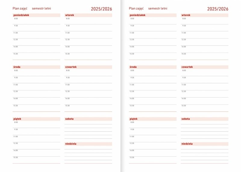 kalendarz z planem zajęć semestr letni