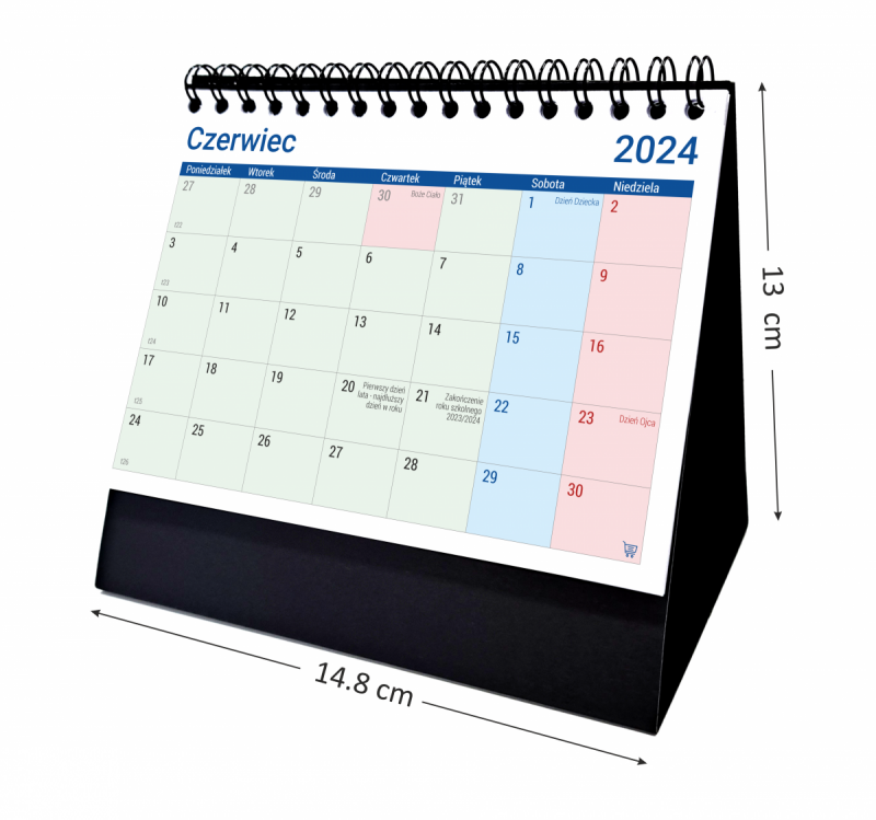 Wymiary kalendarza na kartonowej podstawce z kalendarium miesięcznym od czerwca 2024 do czerwca 2025