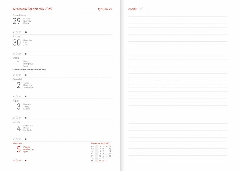 kalendarz akademicki na rok 2025/2026 w układzie tygodniowym 