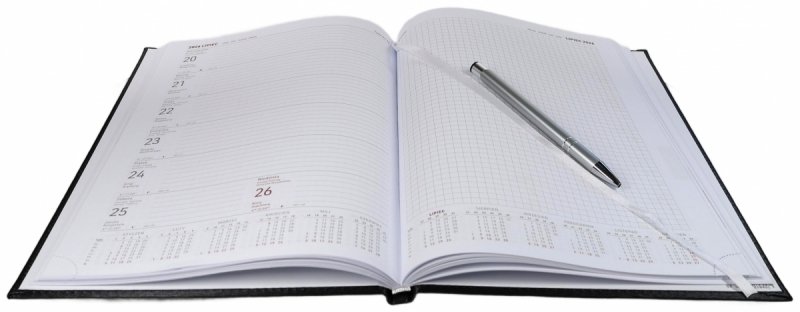 Kalendarz książkowy 2026 A4 TYGODNIOWY Z NOTESEM papier biały drukowane registry oprawa ALUMINIUM granatowa