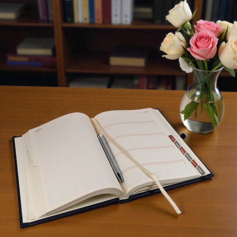 Kalendarz książkowy 2026 A5 dzienny papier chamois wycinane registry oprawa z zamykaniem na gumkę i mocowaniem na długopis ROSSA VIU czerwona Z NADRUKIEM LOGO