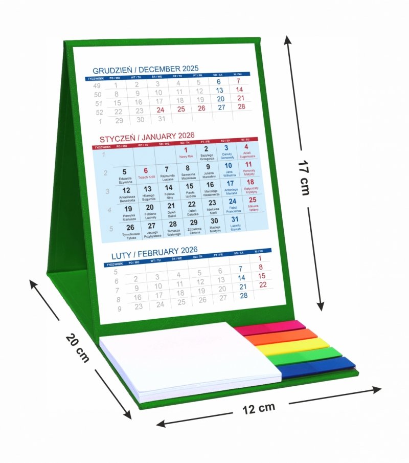 Kalendarz biurkowy z notesem i znacznikami TOP 3-miesięczny 2026 zielony