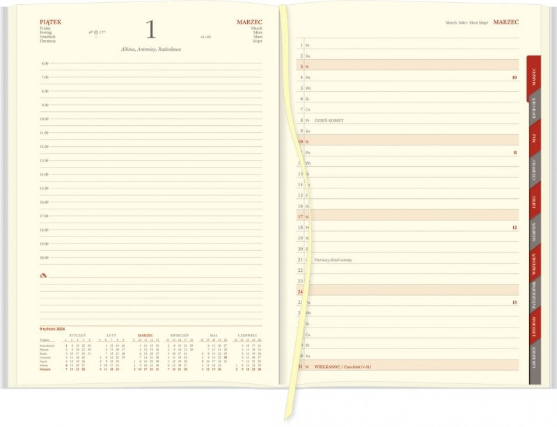 Kalendarz 2024 A4 dzienny papier kremowy wycinane registry