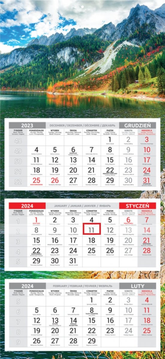 Kalendarz trójdzielny z pięknym zdjęciem na rok 2024