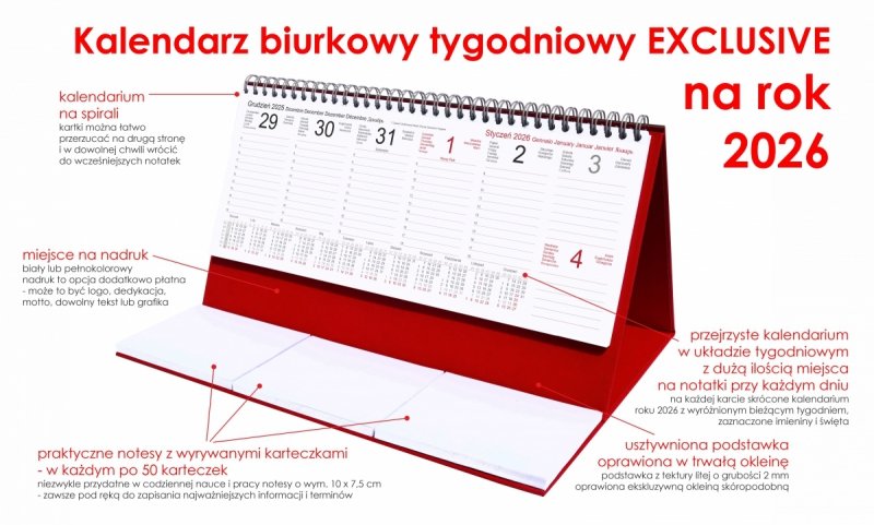 Kalendarz biurkowy stojący na podstawce - kalendarium tygodniowe na rok 2026