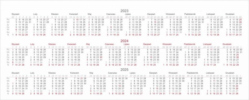 Skrócone kalendarium na rok 2023, 2024, 2025 do kalendarza biurkowego