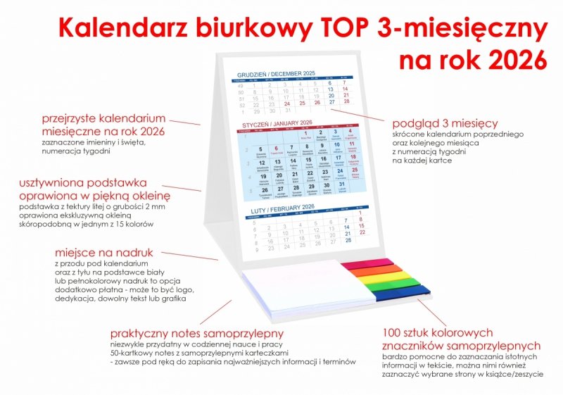 Kalendarz biurkowy z notesem i znacznikami TOP 3-miesięczny 2026 biały