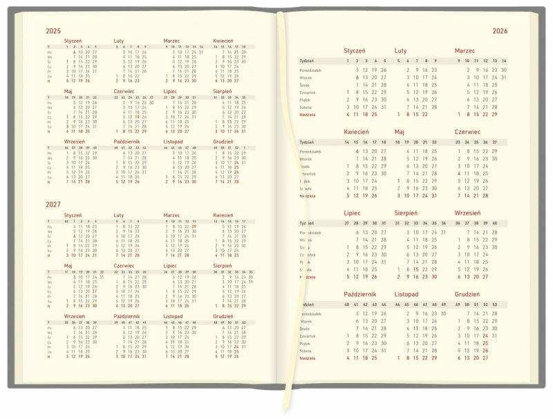 Kalendarz książkowy 2026 A5 dzienny papier kremowy wycinane registry oprawa ALUMINIUM czarna Z NADRUKIEM LOGO