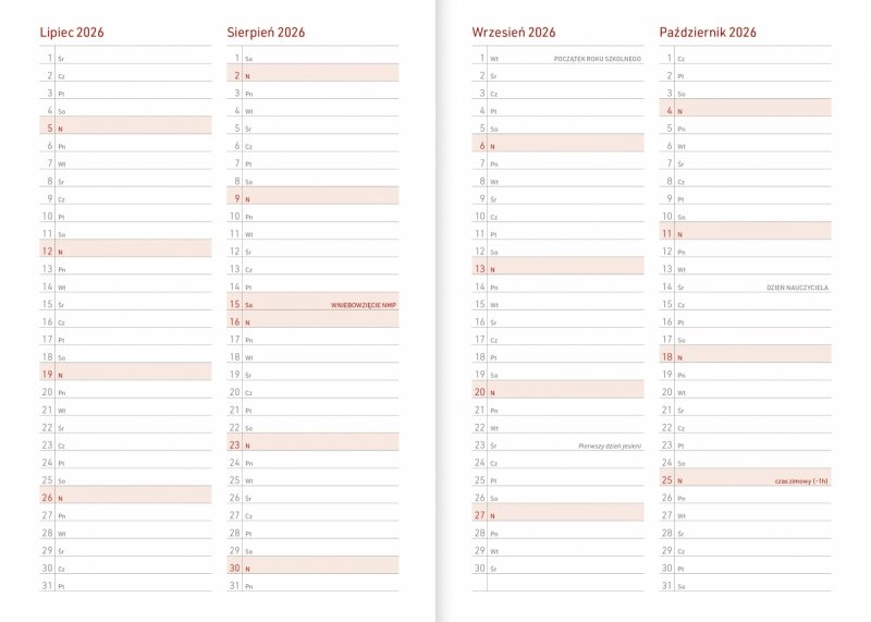 kalendarz od lipca 2026 do października 2026