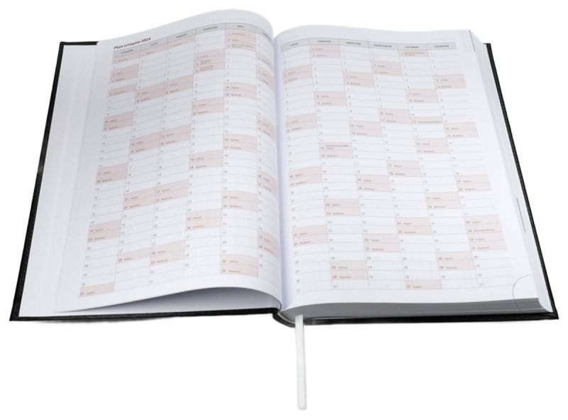 Kalendarz książkowy 2026 A4 dzienny papier biały drukowane registry oprawa ALUMINIUM granatowa Z NADRUKIEM LOGO