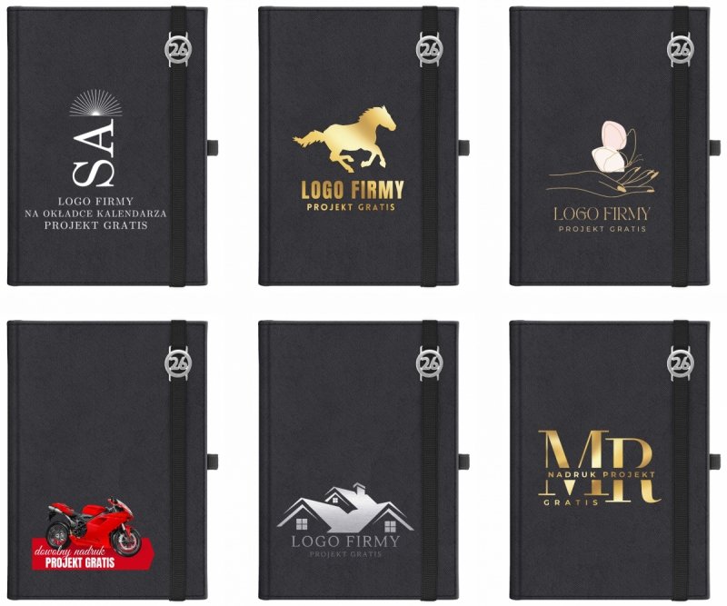 Kalendarz książkowy 2026 A4 dzienny papier chamois wycinane registry oprawa z zamykaniem na gumkę i mocowaniem na długopis ROSSA VIU czarna Z NADRUKIEM LOGO