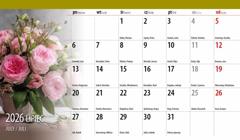 miesięczny kalendarz z różnymi widokami na rok 2026
