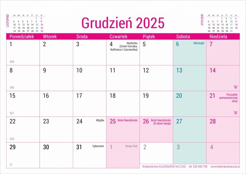 Kalendarz biurkowy z numeracją tygodni - grudzień 2025