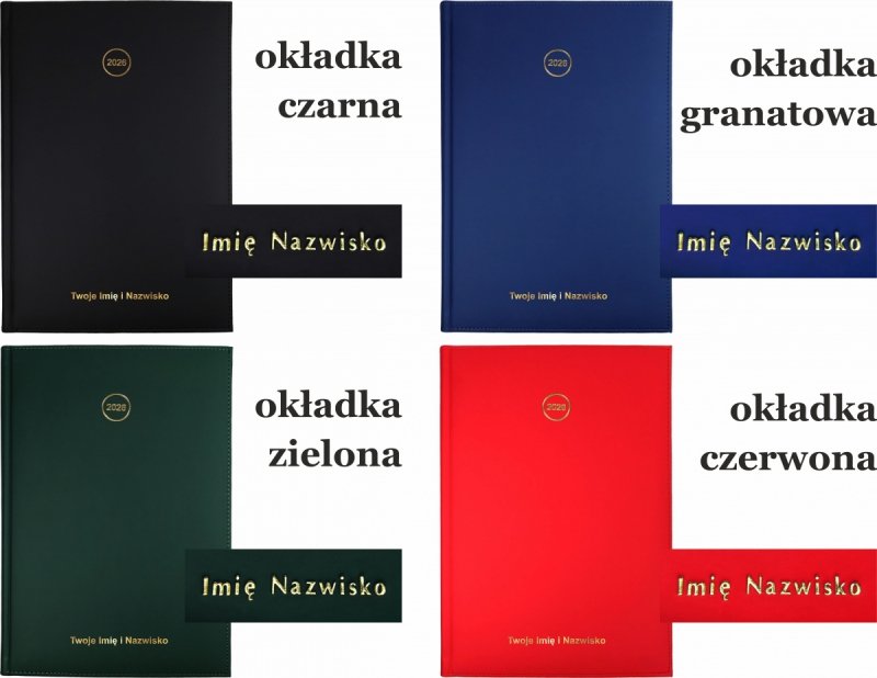 kolory okładek kalendarza książkowego ze złotą datą 2026 i tłoczoną z folią złotą personalizacją