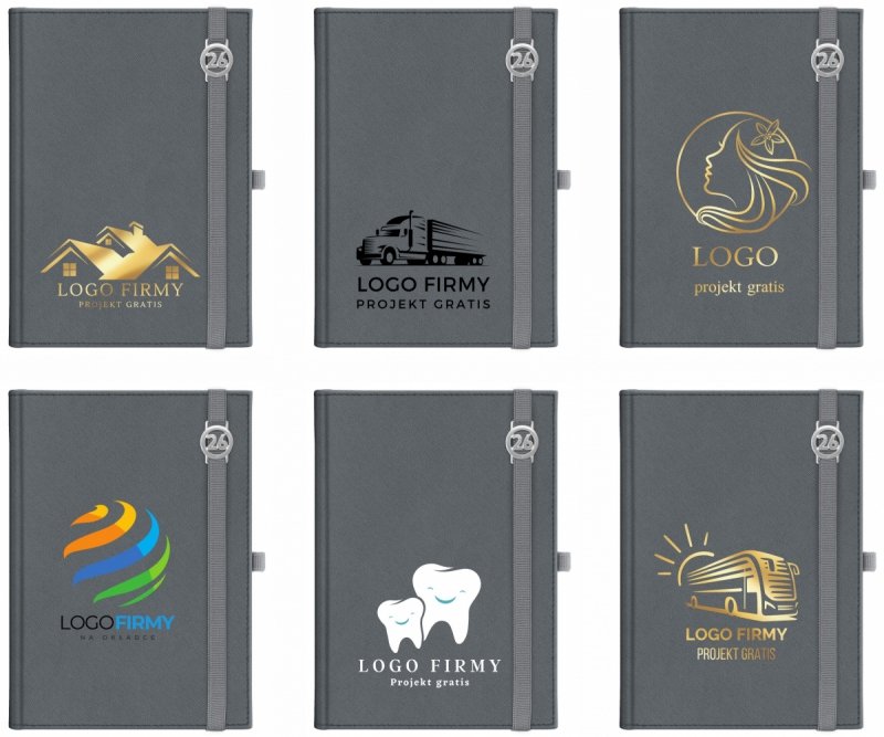 Kalendarz książkowy 2026 A5 dzienny papier chamois wycinane registry oprawa z zamykaniem na gumkę i mocowaniem na długopis ROSSA VIU szara  Z NADRUKIEM LOGO