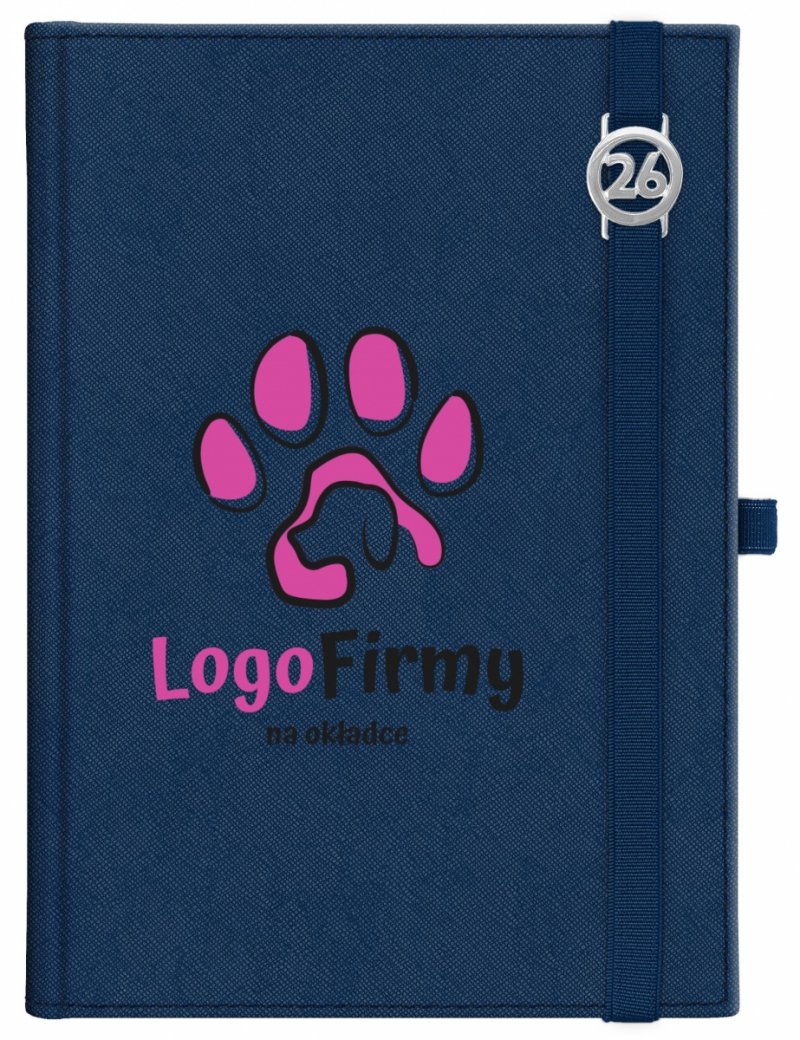 Kalendarz książkowy 2026 B5 dzienny papier chamois wycinane registry oprawa z zamykaniem na gumkę i mocowaniem na długopis ROSSA VIU granatowa Z NADRUKIEM LOGO