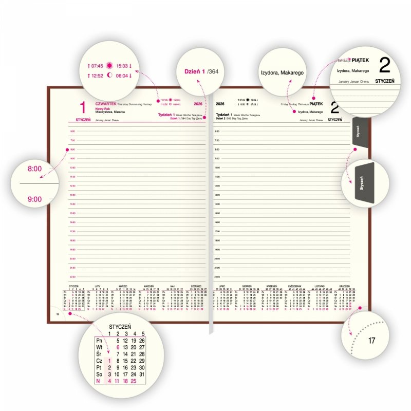 kalendarz A4 dzienny z wycinanymi registrami na rok 2026