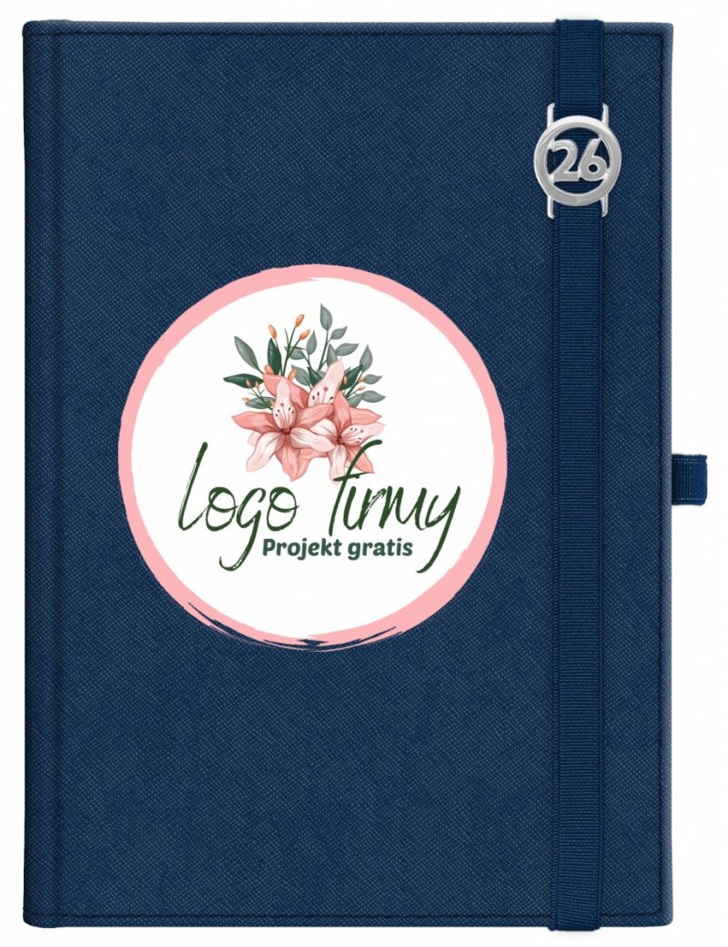 Kalendarz książkowy 2026 A5 dzienny papier chamois wycinane registry oprawa z zamykaniem na gumkę i mocowaniem na długopis ROSSA VIU granatowa Z NADRUKIEM LOGO