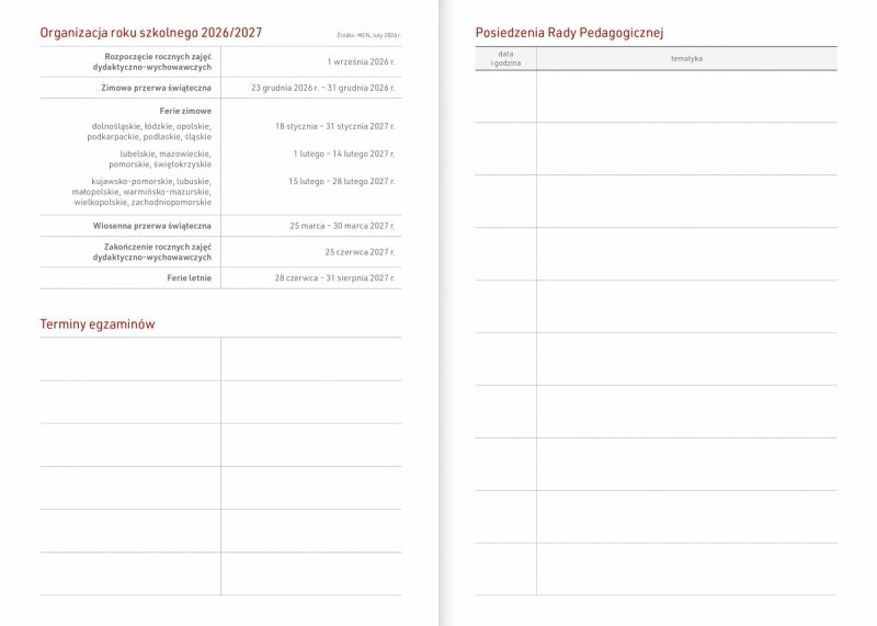 kalendarz książkowy na rok szkolny 26/27 z tabelami dla nauczyciela 