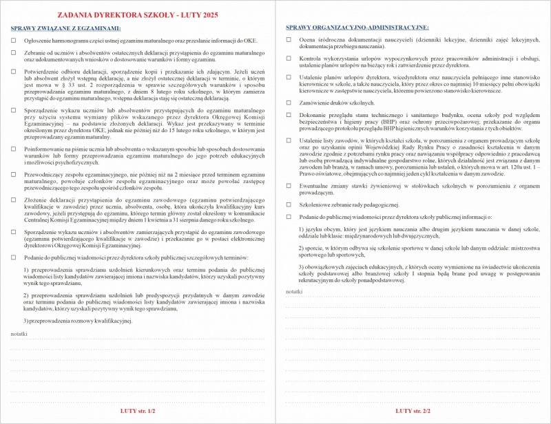 zadania dyrektora szkoły październik, listopad 2024 oraz miejsce na notatki