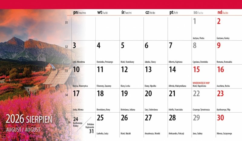 kalendarz z widokiem miesięczny na rok 2026