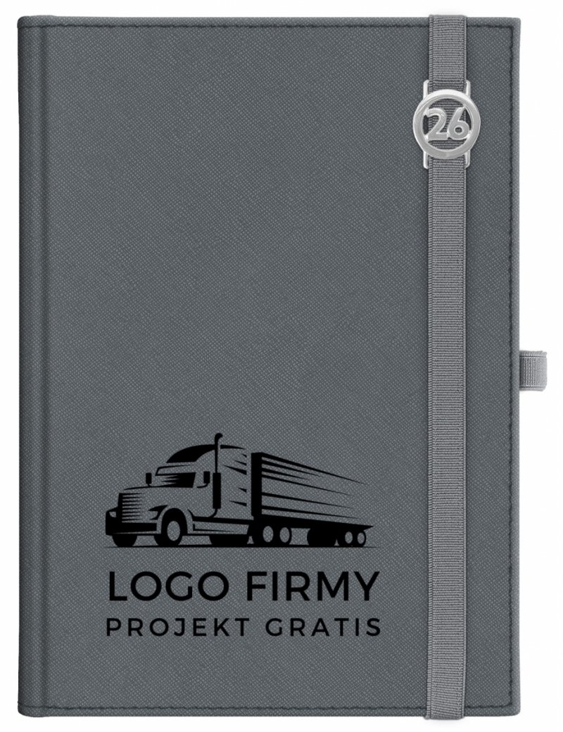 Kalendarz książkowy 2026 B5 dzienny papier chamois wycinane registry oprawa z zamykaniem na gumkę i mocowaniem na długopis ROSSA VIU szara Z NADRUKIEM LOGO