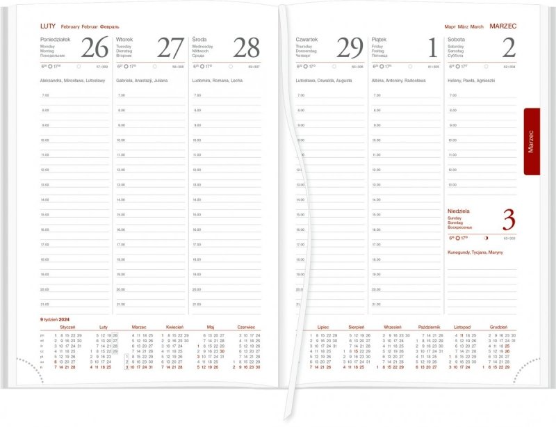 Kalendarz książkowy 2024 A5 tygodniowy papier biały drukowane registry
