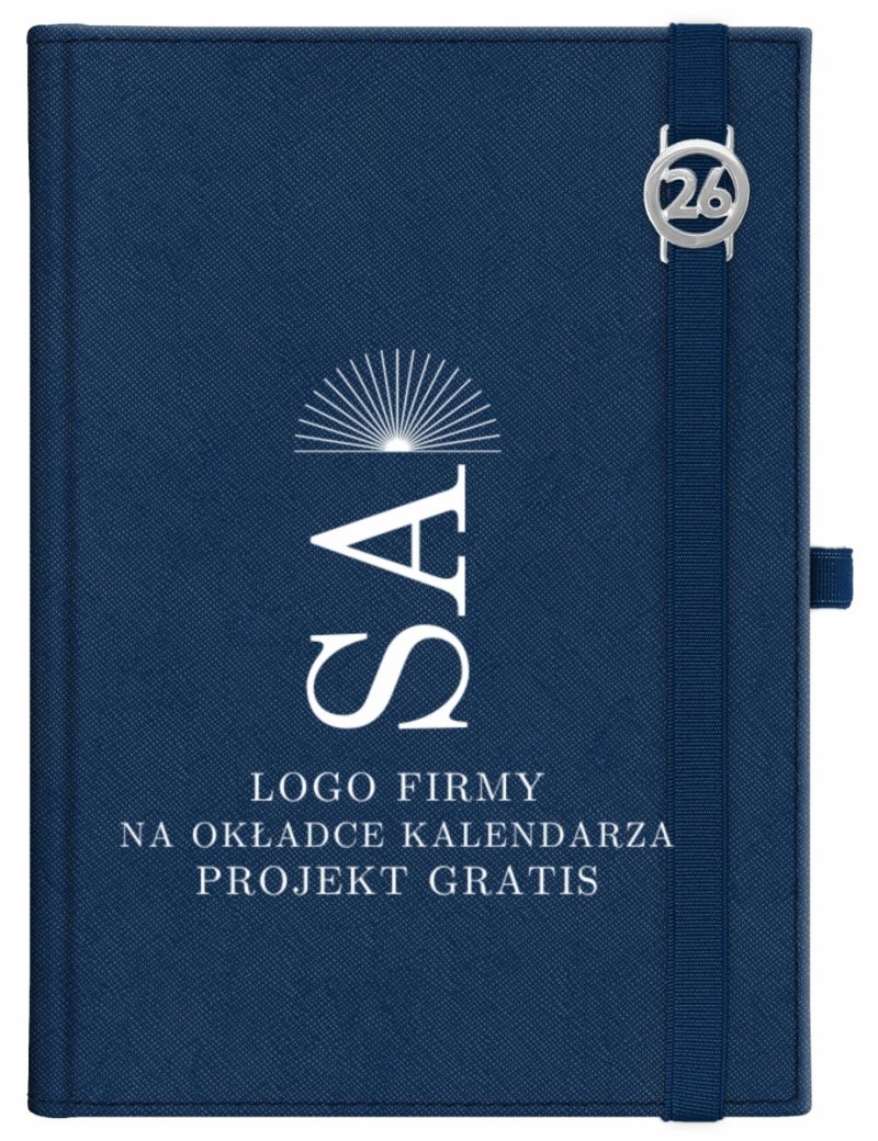 Kalendarz książkowy 2026 A5 dzienny papier chamois wycinane registry oprawa z zamykaniem na gumkę i mocowaniem na długopis ROSSA VIU granatowa Z NADRUKIEM LOGO