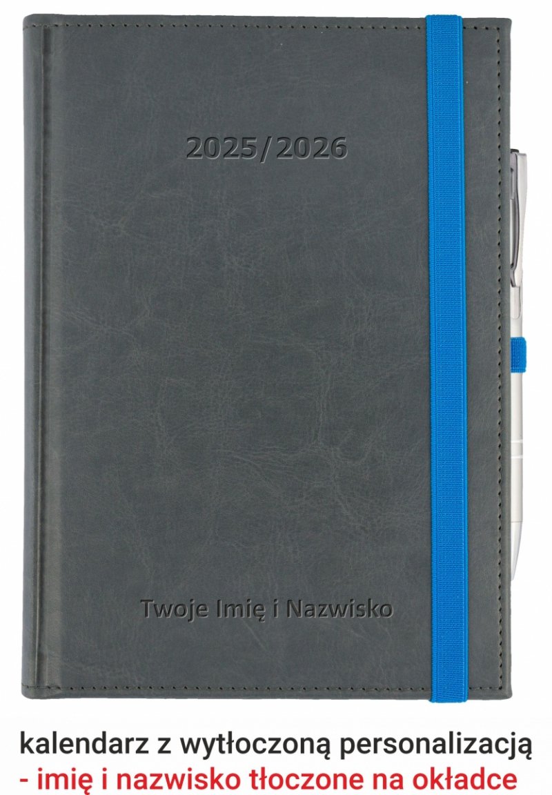 kalendarz książkowy na rok szkolny 2025/2026 zamykany na gumkę z tłoczoną personalizacją