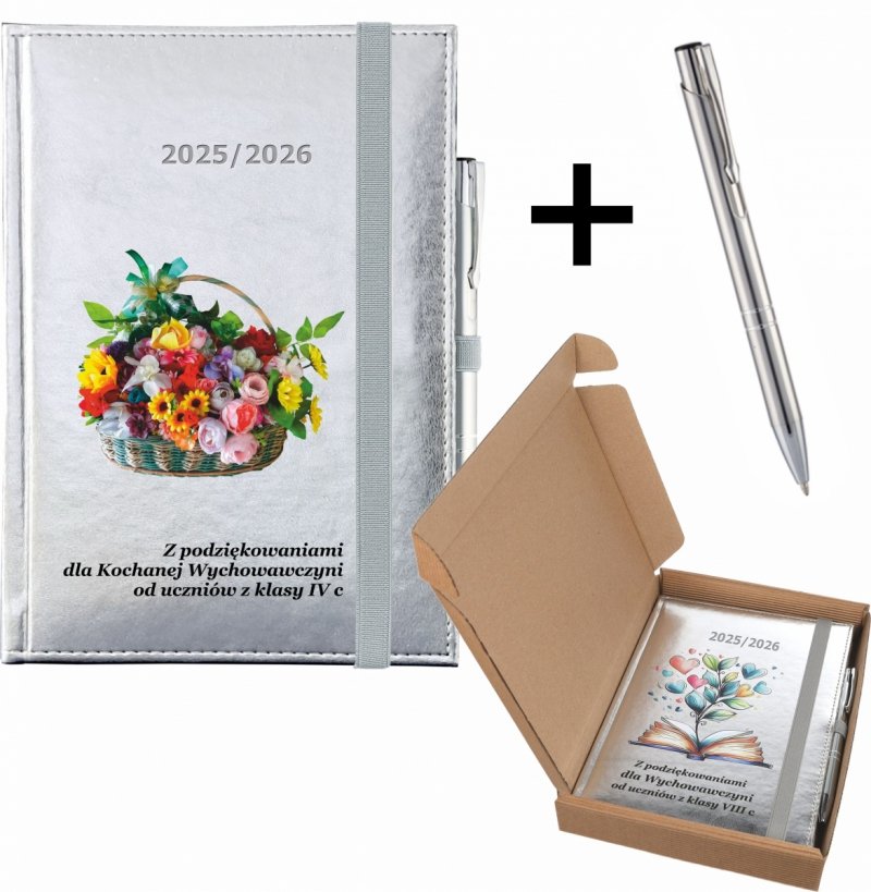 kalendarz nauczyciela z dedykacją, długopisem i ozdobnym pudełkiem na rok szkolny 2025/2026