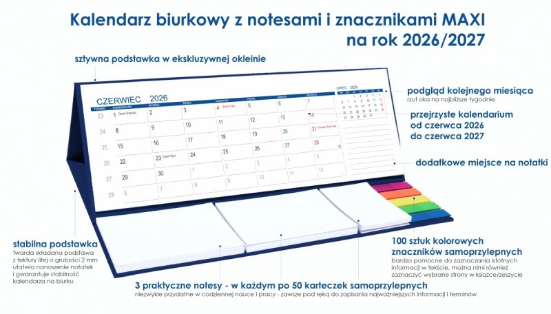 opis kalendarza MAXI szkolnego z notesami i znacznikami samoprzylepnymi