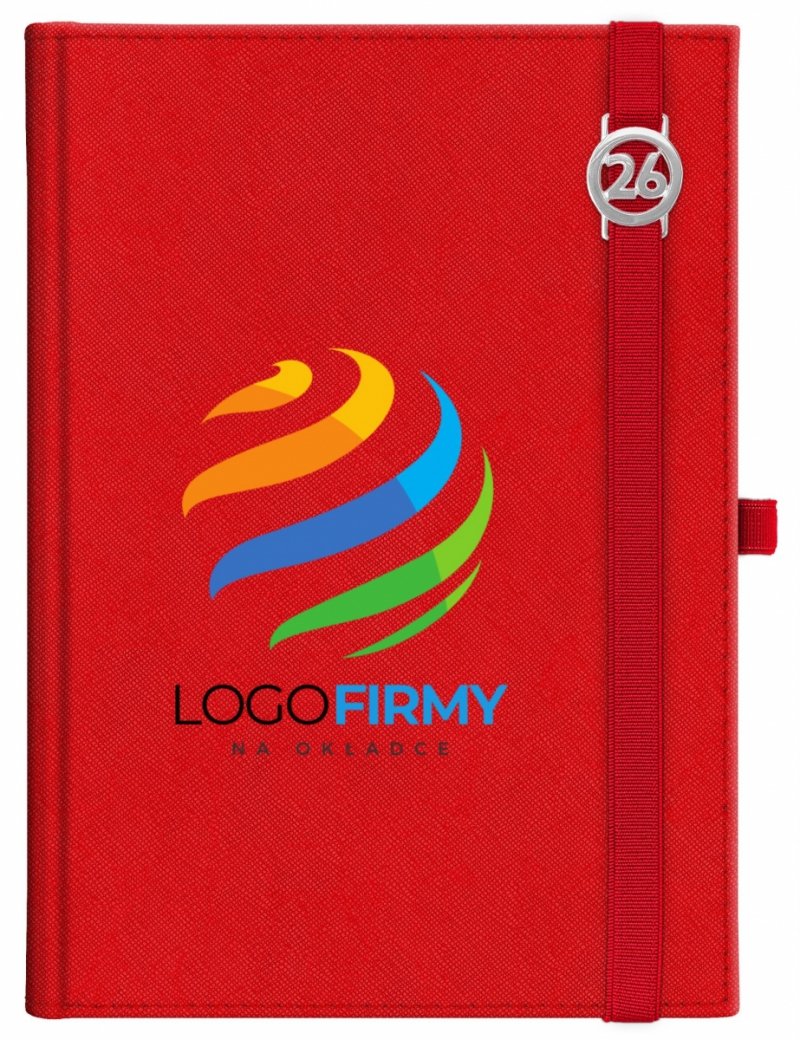 Kalendarz książkowy 2026 A4 dzienny papier chamois wycinane registry oprawa z zamykaniem na gumkę i mocowaniem na długopis ROSSA VIU czerwona Z NADRUKIEM LOGO