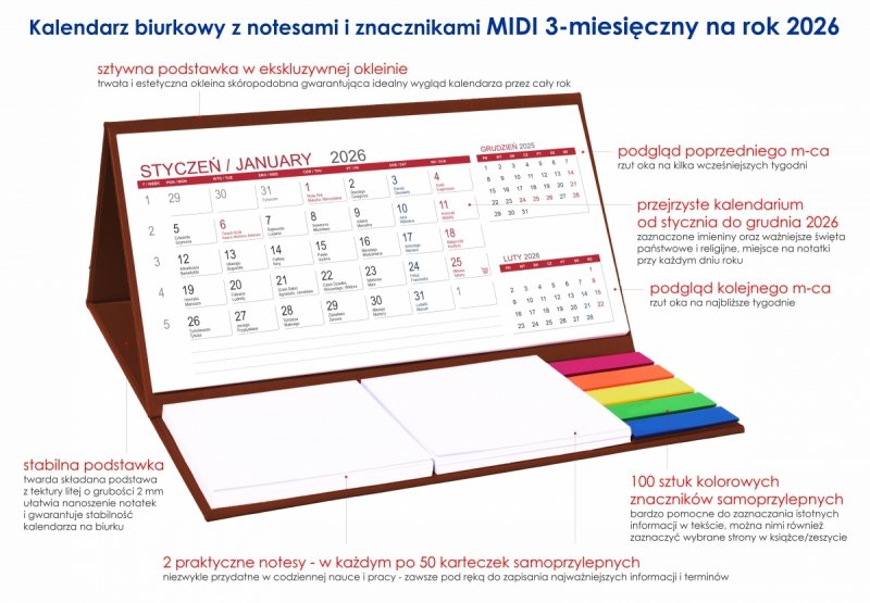 opis kalendarza MIDI 3-miesięczny na rok 2026 z notesami i znacznikami