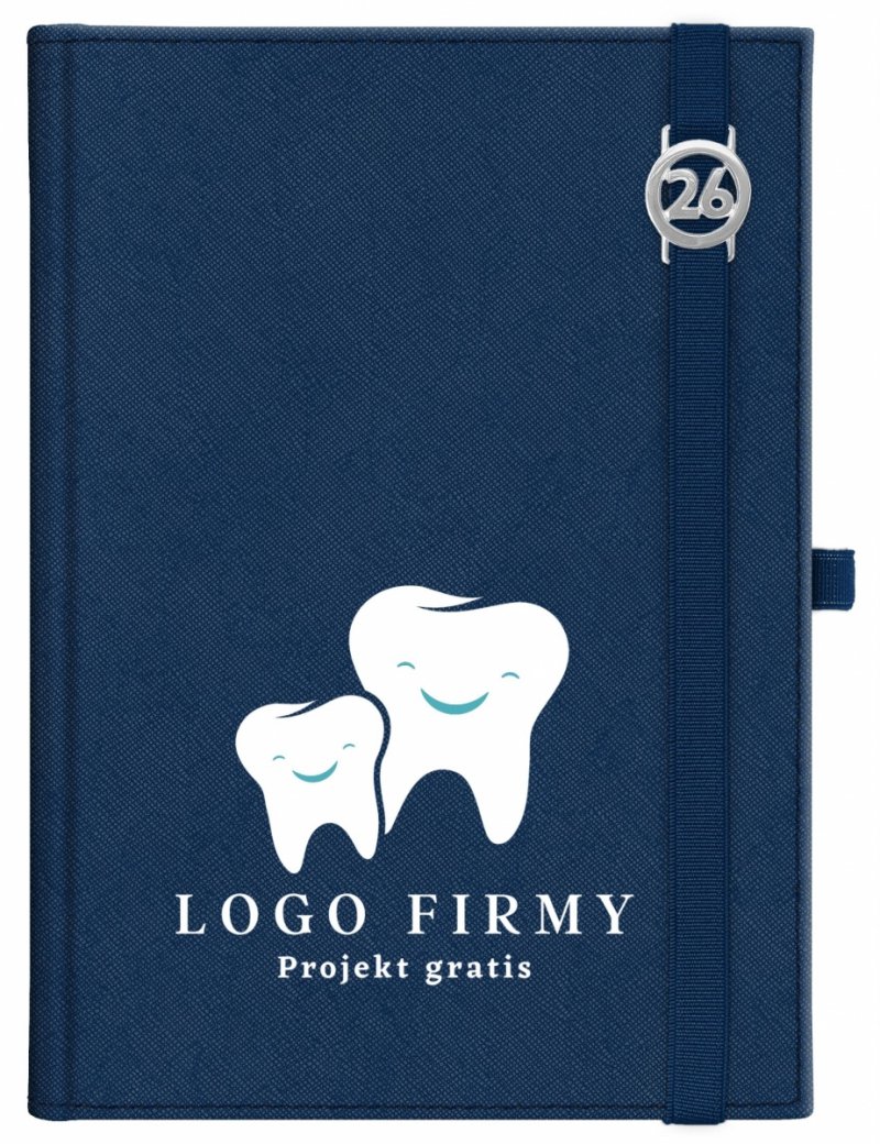 Kalendarz książkowy 2026 B5 dzienny papier chamois wycinane registry oprawa z zamykaniem na gumkę i mocowaniem na długopis ROSSA VIU granatowa Z NADRUKIEM LOGO