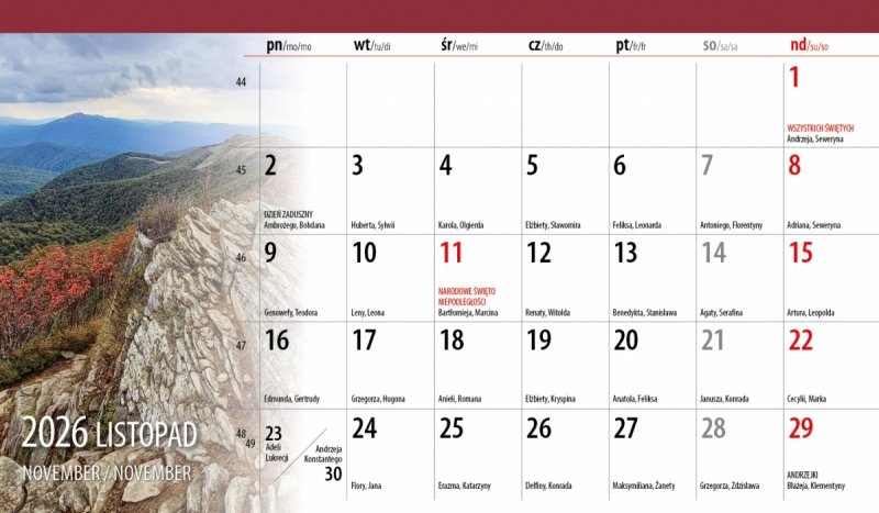 biurkowy kalendarz na rok 2026 