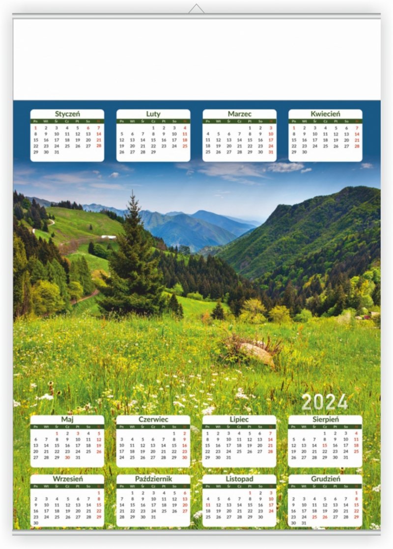Kalendarz plakatowy na rok 2024 w formacie B2 z zawieszką do powieszenia na ścianie